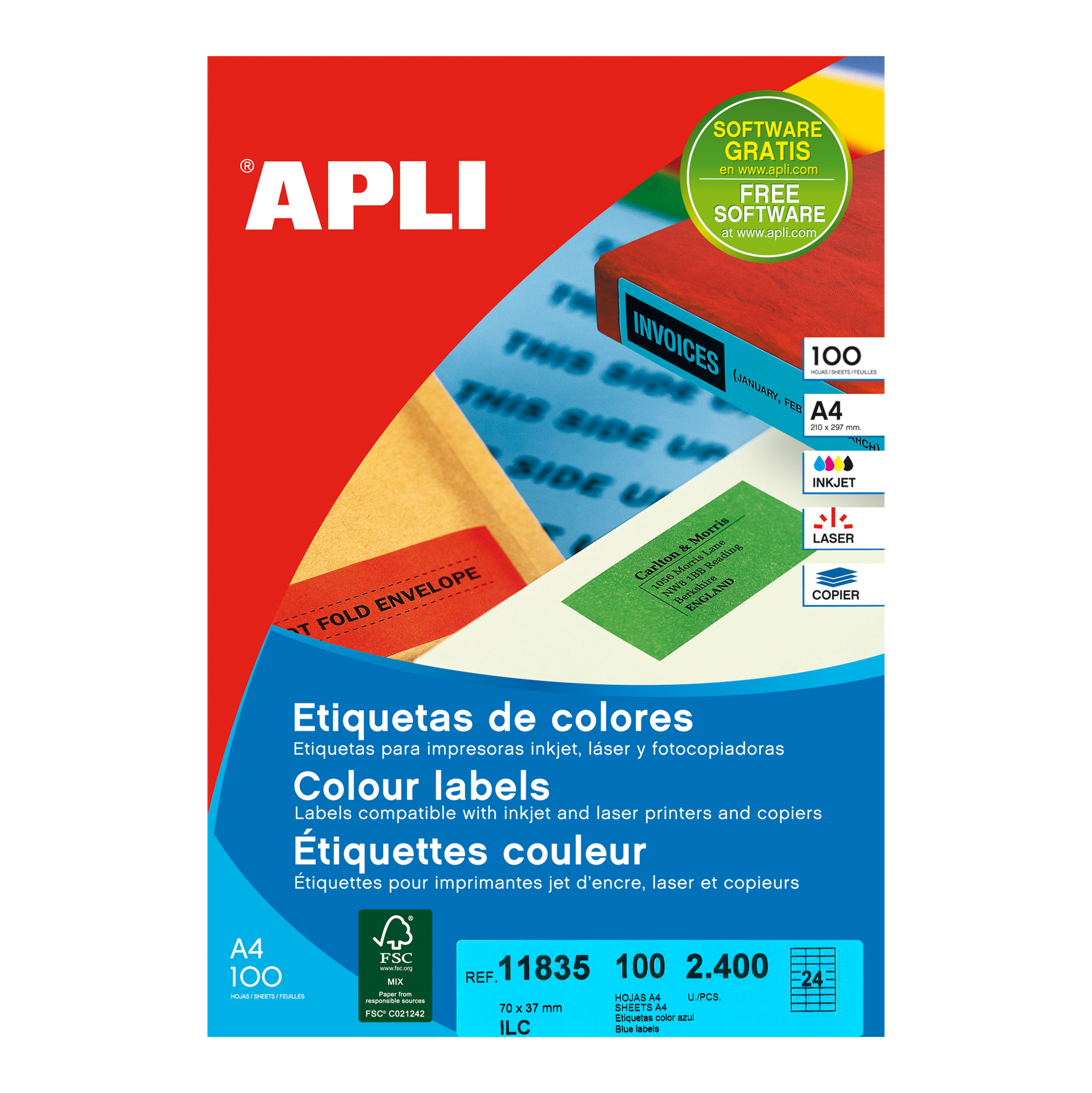 CAJA ETIQUETAS APLI 70*35 PARA LASER (250H). Etiquetas blancas,  permanentes, cantos rectos. Tamaño 70x35mm. Para impresoras…