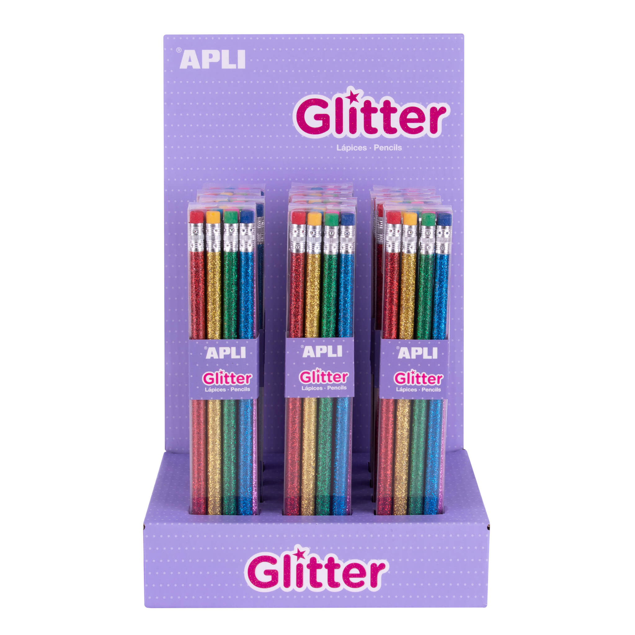 Display of packs of 8 pencils with glitter finish and eraser - Glitter  Collection 12 u.