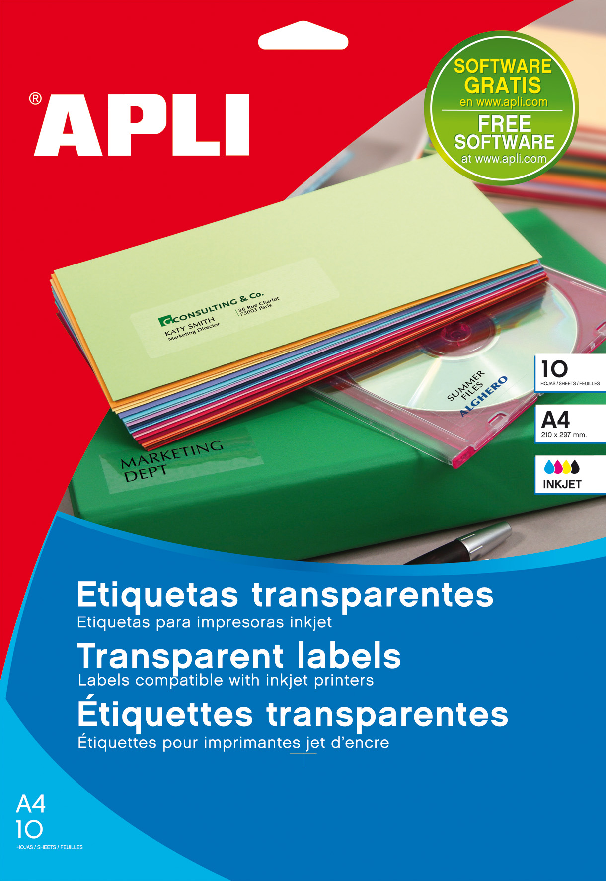 APLI ETIQUETAS BLANCAS MATE PARA IMPRESORA INKJET 210X297 MM CANTOS RECTOS  - 10 HOJAS